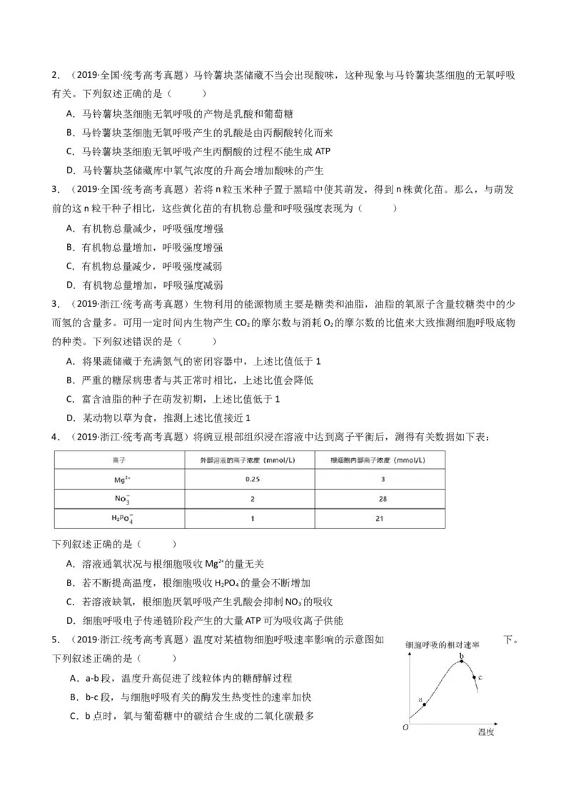 专题05细胞呼吸（原卷卷）_近10年高考真题汇编（必刷）_十年（2014-2024）高考生物真题分项汇编（全国通用）_十年（2014-2023）高考生物真题分项汇编（全国通用）