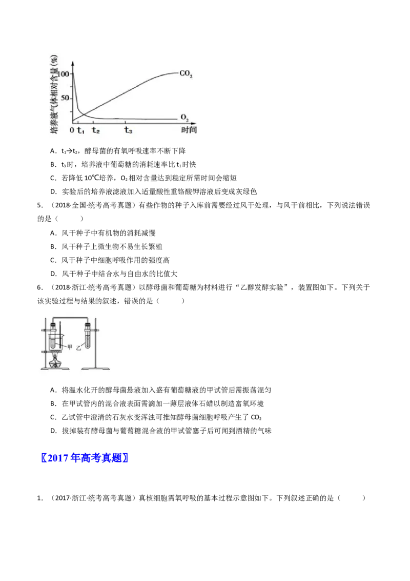 专题05细胞呼吸（原卷卷）_近10年高考真题汇编（必刷）_十年（2014-2024）高考生物真题分项汇编（全国通用）_十年（2014-2023）高考生物真题分项汇编（全国通用）