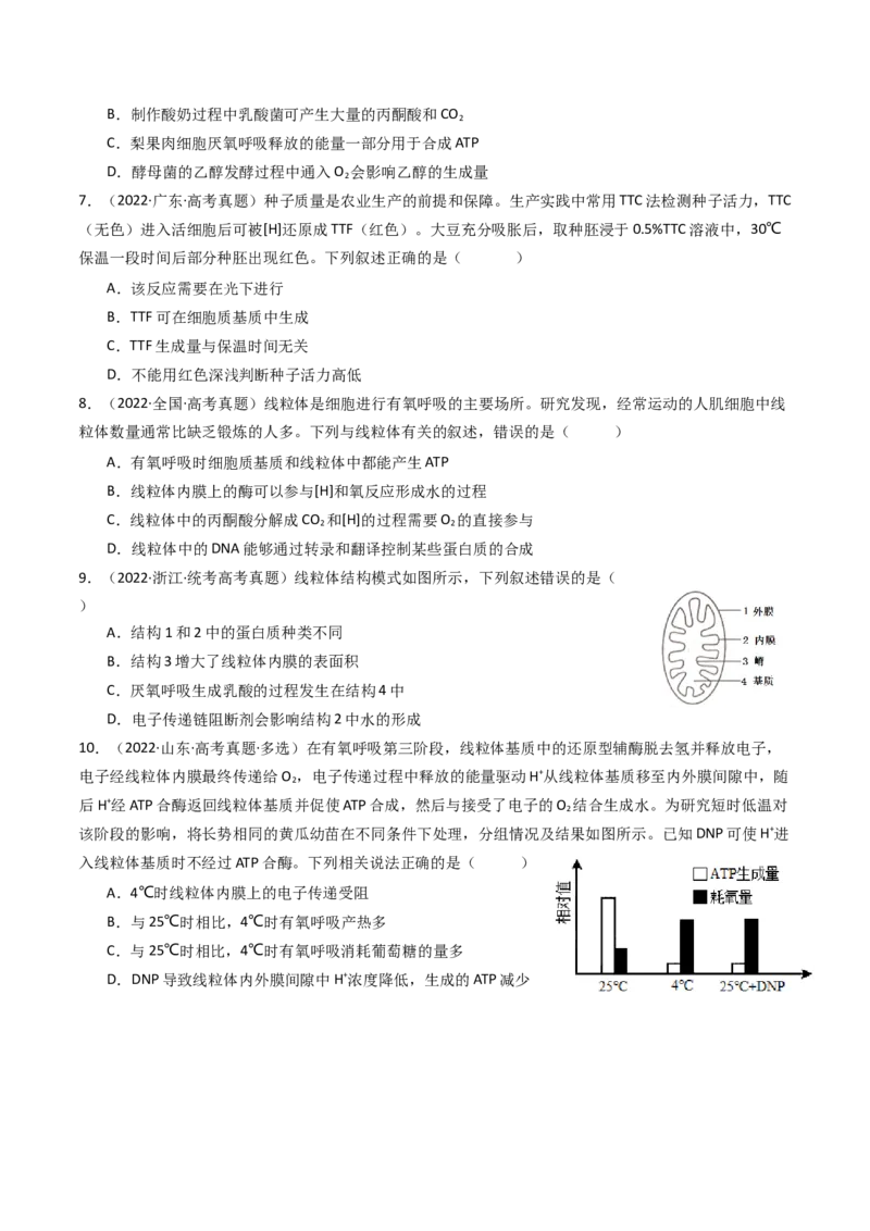 专题05细胞呼吸（原卷卷）_近10年高考真题汇编（必刷）_十年（2014-2024）高考生物真题分项汇编（全国通用）_十年（2014-2023）高考生物真题分项汇编（全国通用）