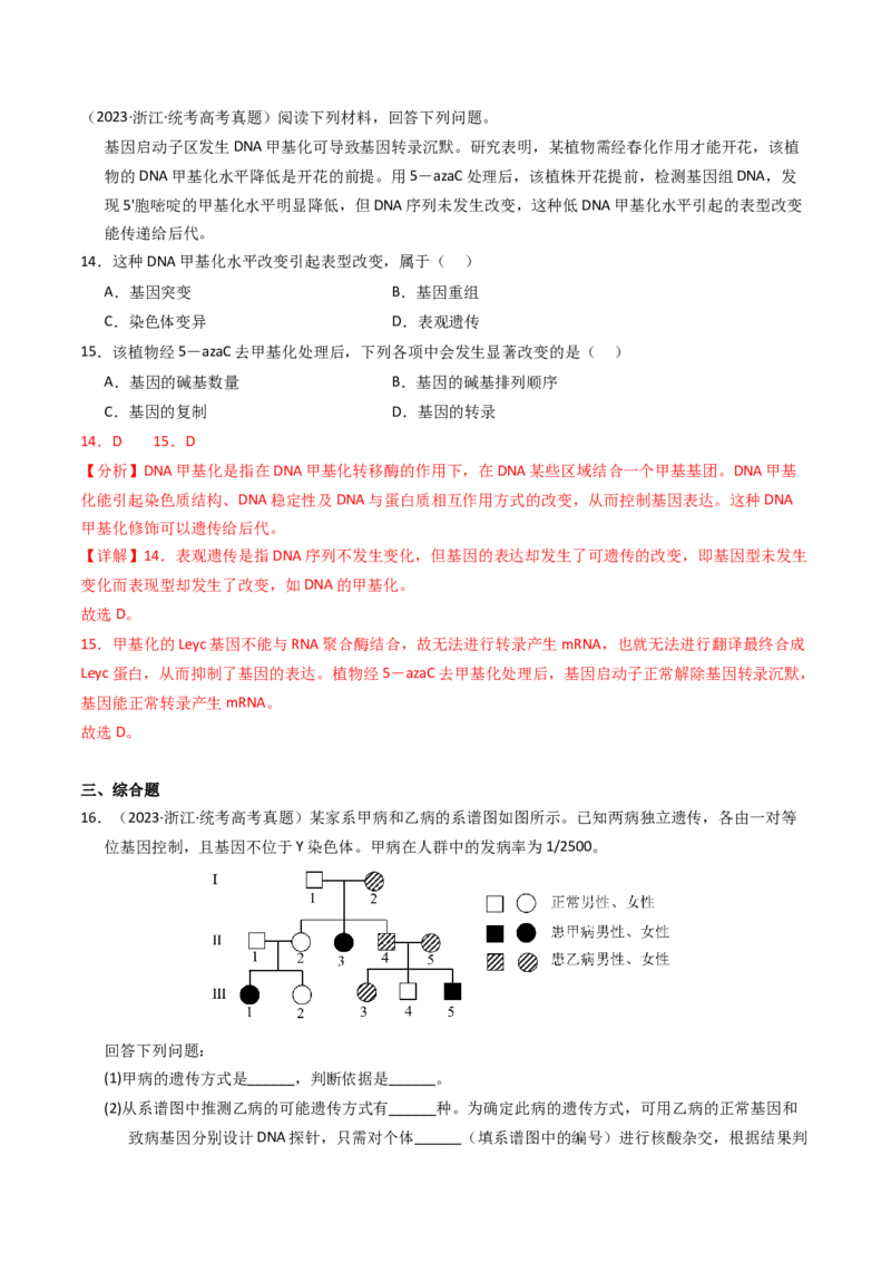 专题06遗传的分子基础（解析卷）_近10年高考真题汇编（必刷）_十年（2014-2024）高考生物真题分项汇编（全国通用）_2023年高考真题和模拟题生物分项汇编（全国通用）