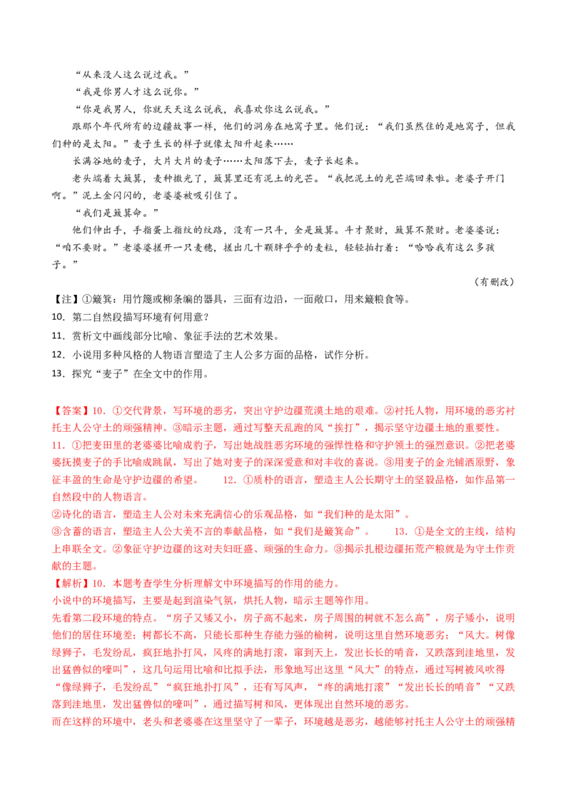 专题03文学类文本阅读（小说）（教师卷）_近10年高考真题汇编（必刷）_十年（2014-2024）高考语文真题分项汇编（全国通用）