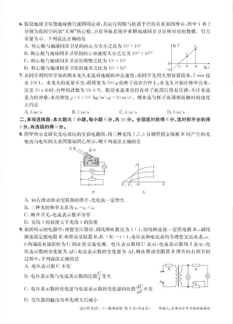 成都石室中学2024-2025学年度下期高2025届适应性考试（一)物理_2025年5月_250523四川省成都石室中学2024-2025学年度下期高2025届适应性考试（一）（全科）