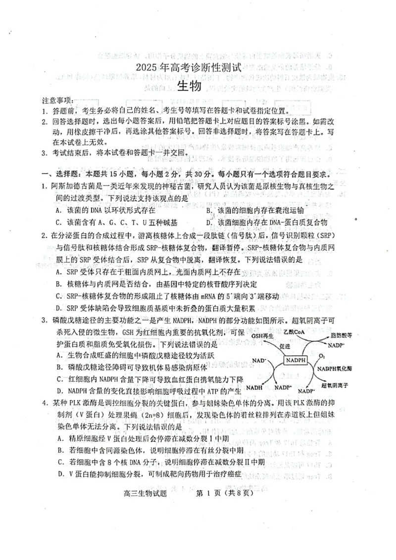 生物试题_2025年3月_250305山东省烟台市、德州市、东营市2025年3月高三高考诊断性测试（一模）（全科）_2025年山东烟台、德州、东营高考诊断性测试（一模）生物