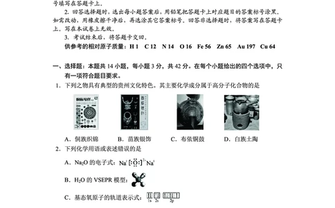 贵州省毕节市2025届高三上学期第一次诊断考试化学_2025年1月_250125贵州省毕节市2025届高三上学期第一次诊断考试（毕节一诊）（全科）