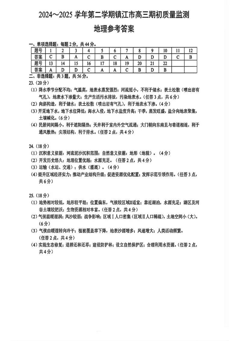 江苏省镇江市2024-2025学年高三下学期期初质量监测地理试卷（含答案）_2025年2月_250225江苏省镇江市2024-2025学年高三下学期期初质量监测