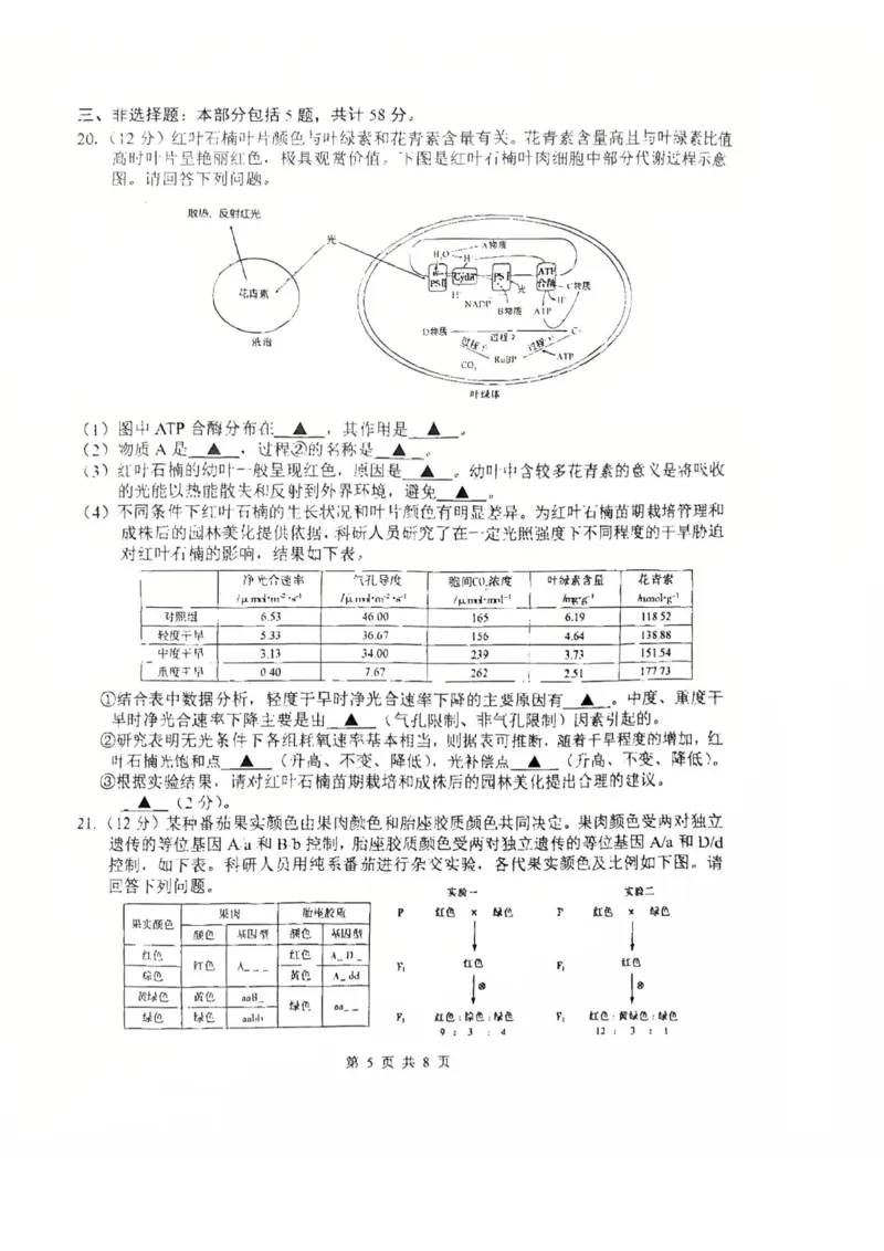 生物试题南通四模2025_2025年5月_250529江苏省南通四模5月高三练习卷（全科）_南通四模5月高三练习卷生物