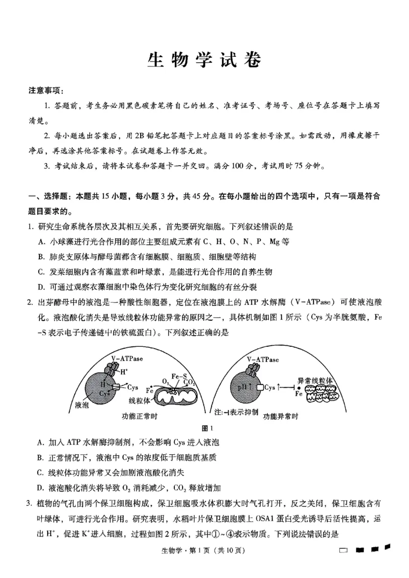 重庆市巴蜀中学高2025届高三3月适应性月考卷（六）生物_2025年3月_250316重庆市巴蜀中学高2025届高三3月适应性月考卷（六）（全科）