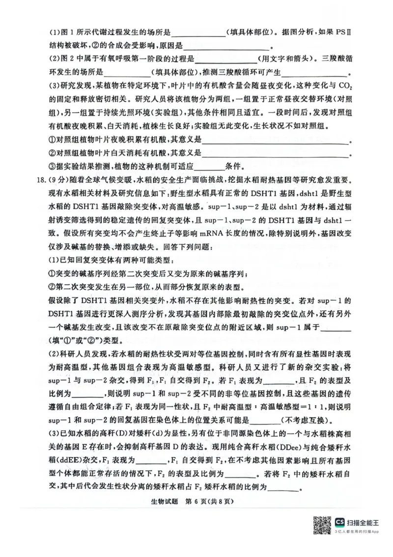 河南省2025届高三青桐鸣3月大联考生物试题+答案_2025年3月_250313河南省青桐鸣大联考2024-2025学年高三下学期3月月考