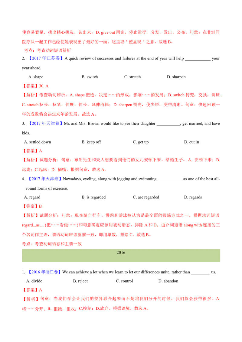 专题04动词和动词短语(教师卷)-十年（2015-2024）高考真题英语分项汇编（全国通用）_近10年高考真题汇编（必刷）_十年（2014-2024）高考英语真题分类汇编（全国通用）