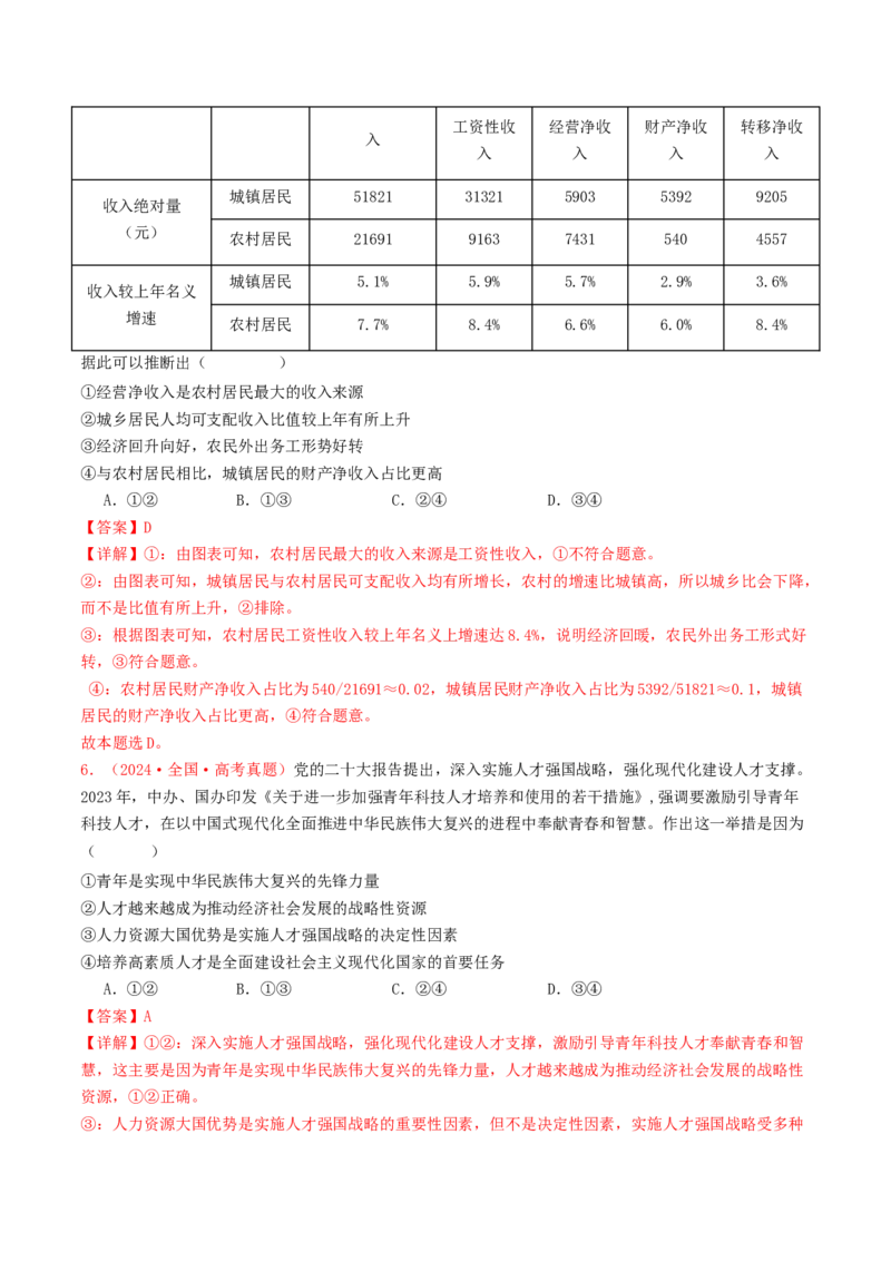 专题03经济发展与社会进步-2024年高考真题和模拟题政治分类汇编（教师卷）_近10年高考真题汇编（必刷）_十年（2014-2024）高考政治真题分项汇编（全国通用）