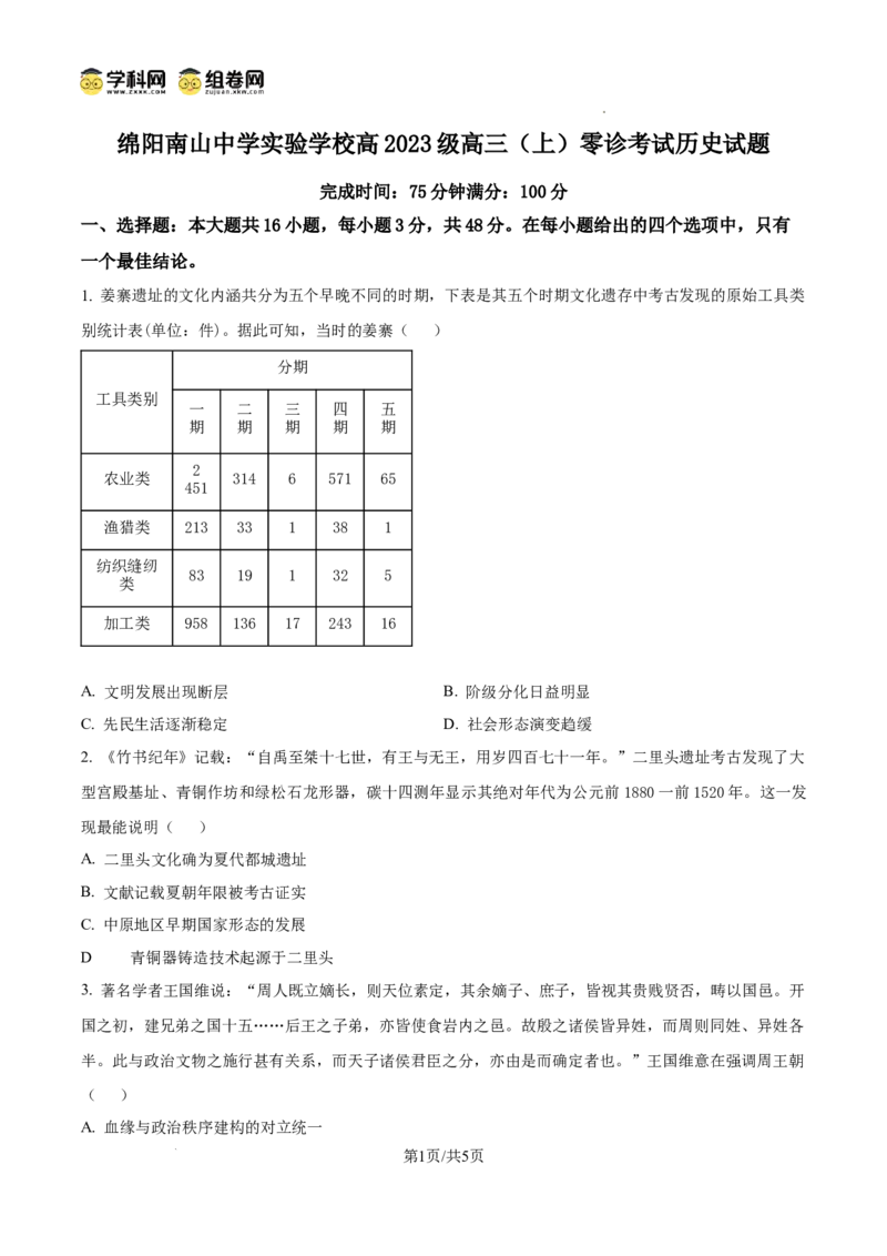 绵阳南山中学实验学校2025-2026学年高三上学期9月月考+历史_2025年9月_250907绵阳南山中学实验学校2025-2026学年高三上学期9月月考