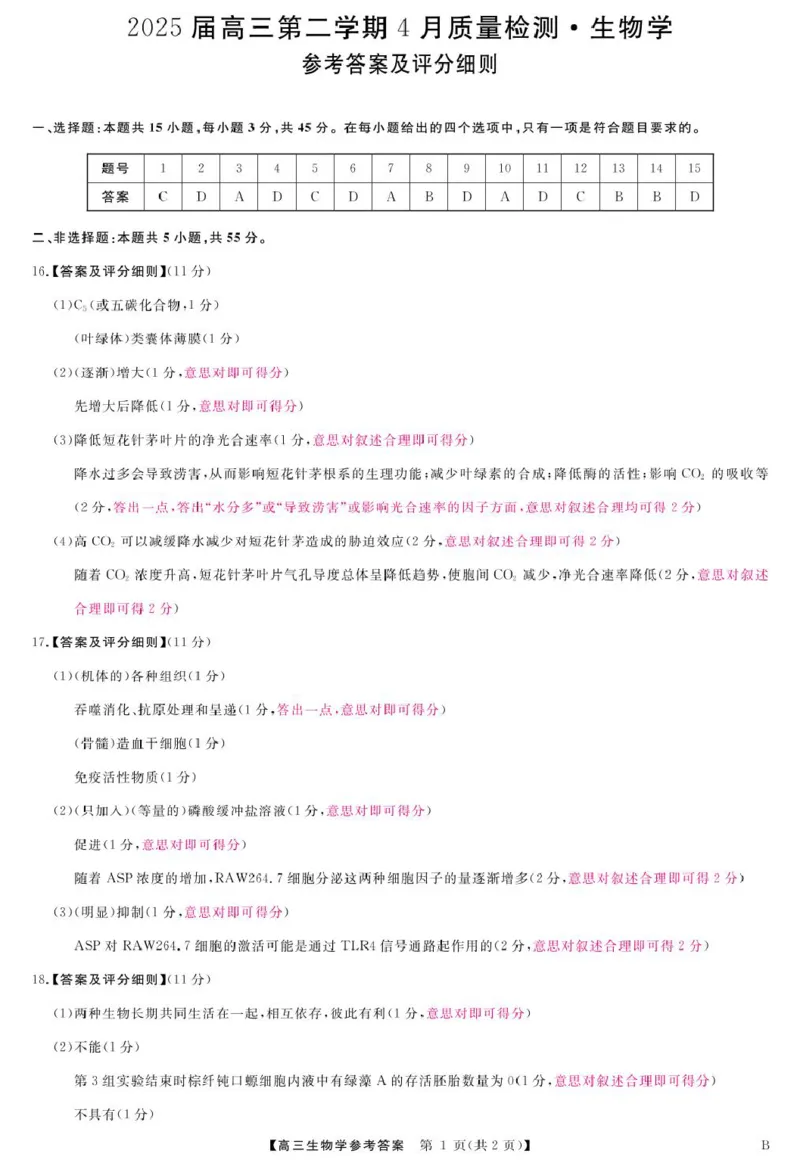 安徽师范大学附属中学2025届下学期4月质量检测生物+答案_2025年4月_250412安徽华师联盟（安徽师范大学附属中学）2025届下学期4月质量检测（全科）