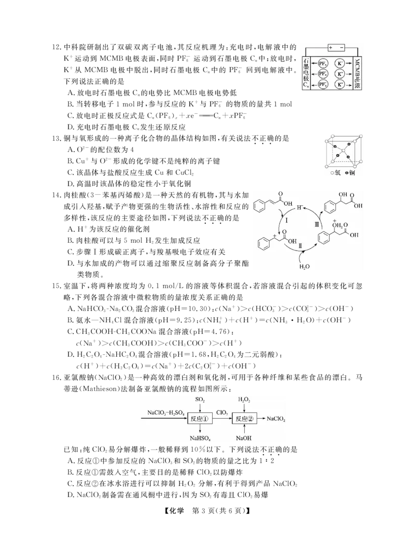 浙江省强基联盟2025届高三下学期5月联考化学试卷（含答案）_2025年5月_250510浙江省强基联盟2025届高三下学期5月联考（全科）