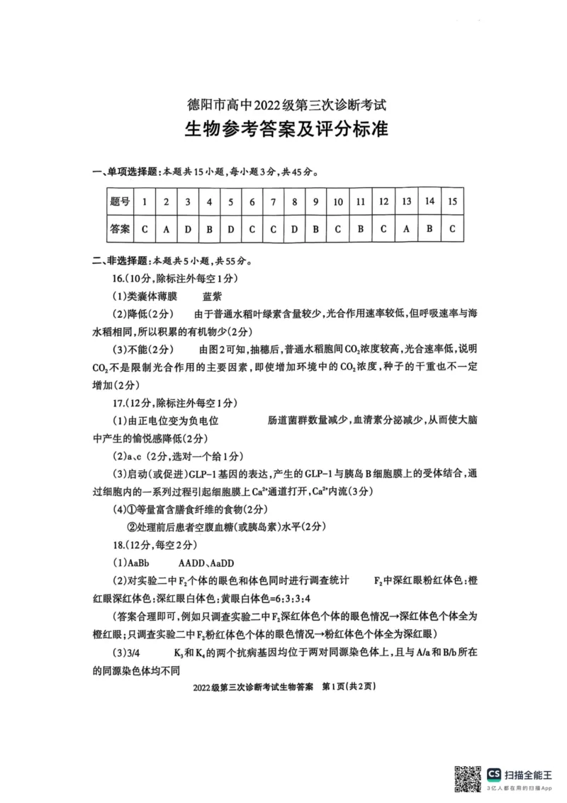 四川省德阳市高中2022级第三次诊断考试生物答案_2025年4月_250426四川省德阳市高中2022级第三次诊断考试（德阳三诊）（全科）