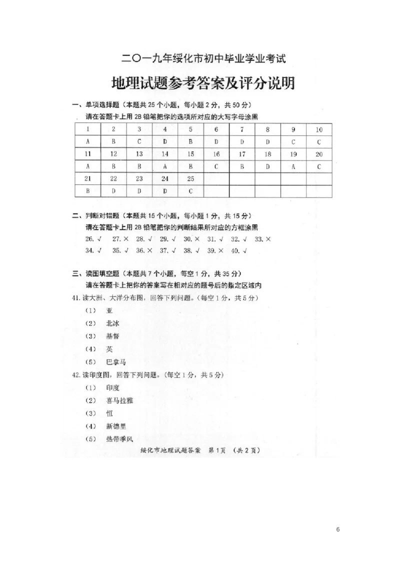 黑龙江省绥化市2019年中考地理真题试题（扫描版）_中考真题_9.地理中考真题2015-2024年_2019年全国中考地理133份
