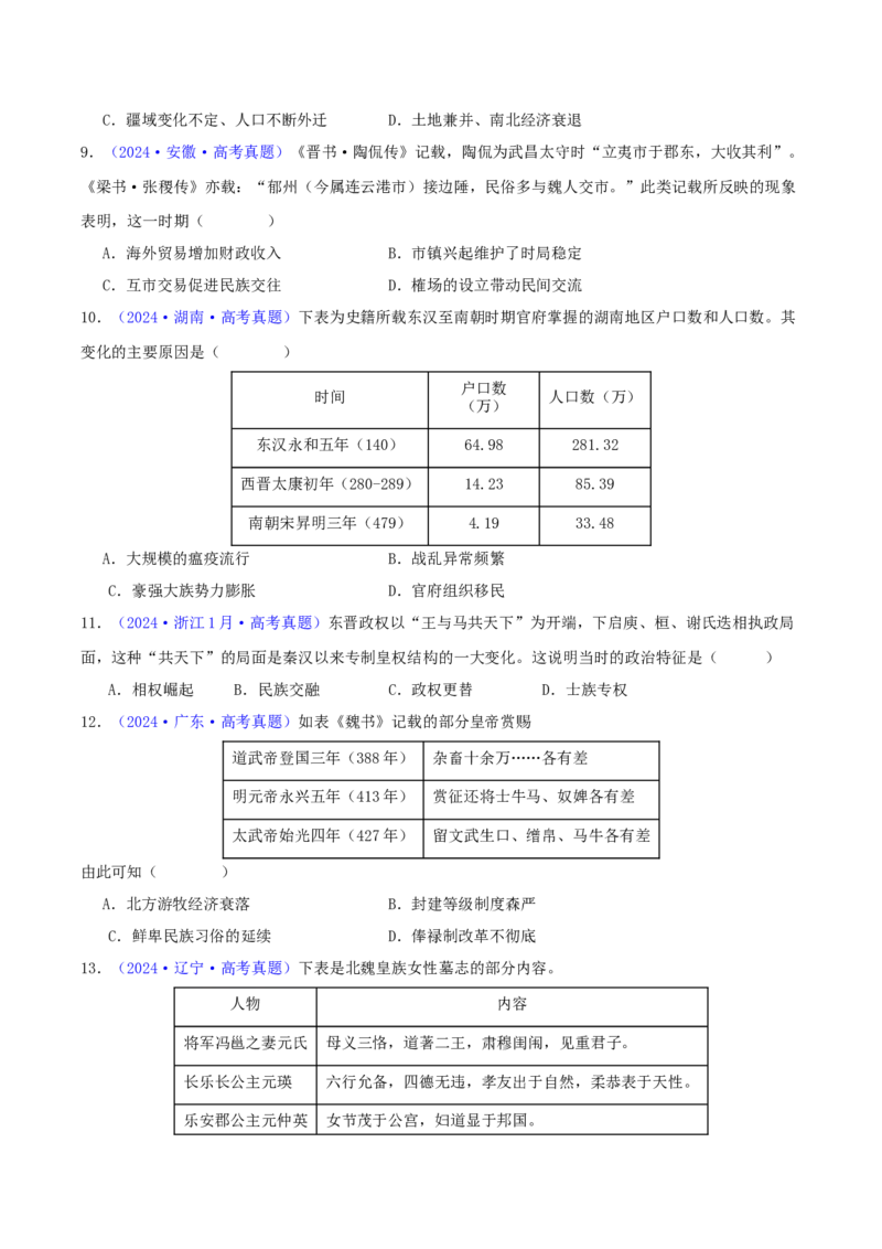 专题02秦汉和魏晋南北朝时期（学生卷）-2024年高考真题和模拟题历史分类汇编（全国通用）_近10年高考真题汇编（必刷）_十年（2014-2024）高考历史真题分项汇编（全国通用）
