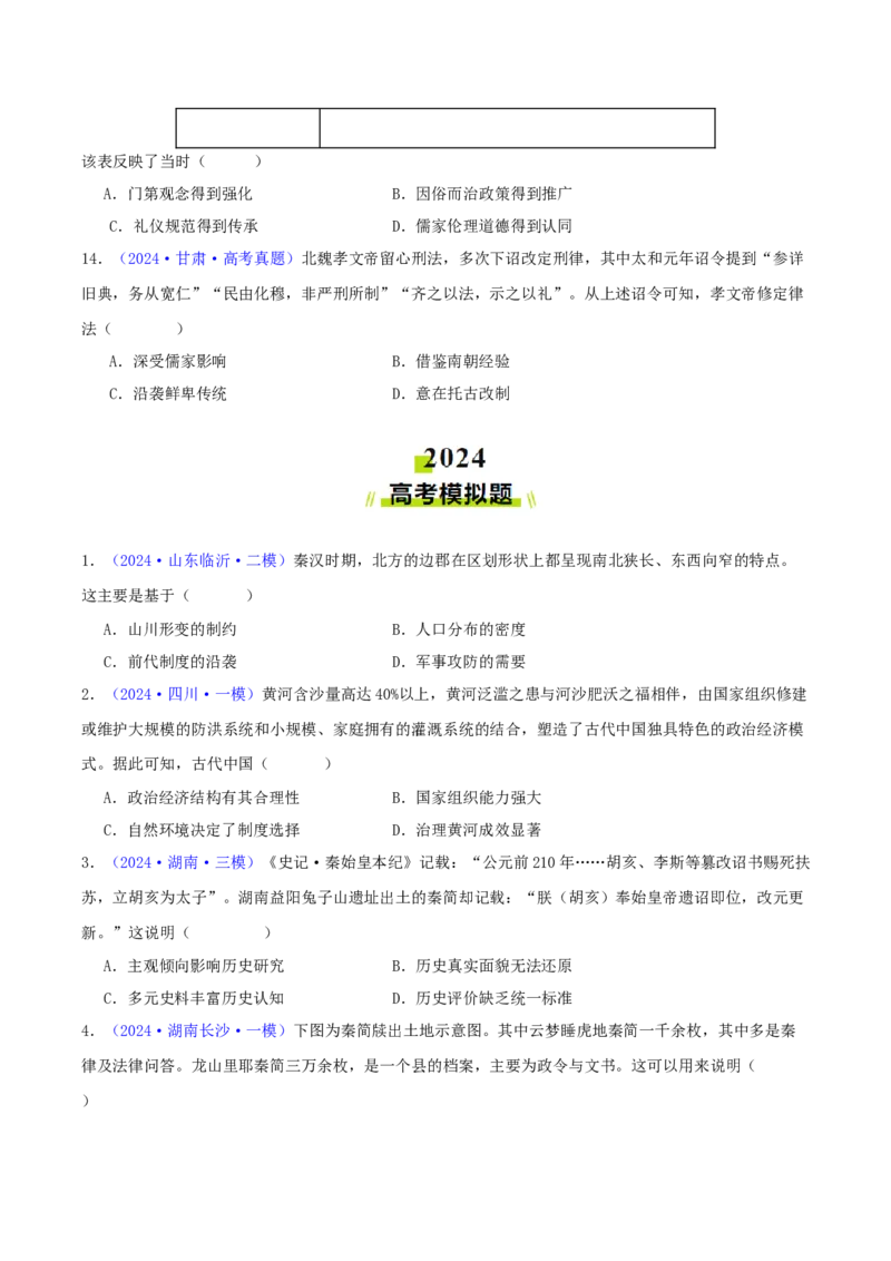 专题02秦汉和魏晋南北朝时期（学生卷）-2024年高考真题和模拟题历史分类汇编（全国通用）_近10年高考真题汇编（必刷）_十年（2014-2024）高考历史真题分项汇编（全国通用）