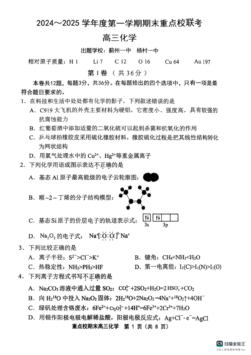 天津市五区县重点校2024-2025学年高三上学期1月期末化学_2025年1月_250117天津市五区县重点校2024-2025学年高三上学期1月期末联考（全科）