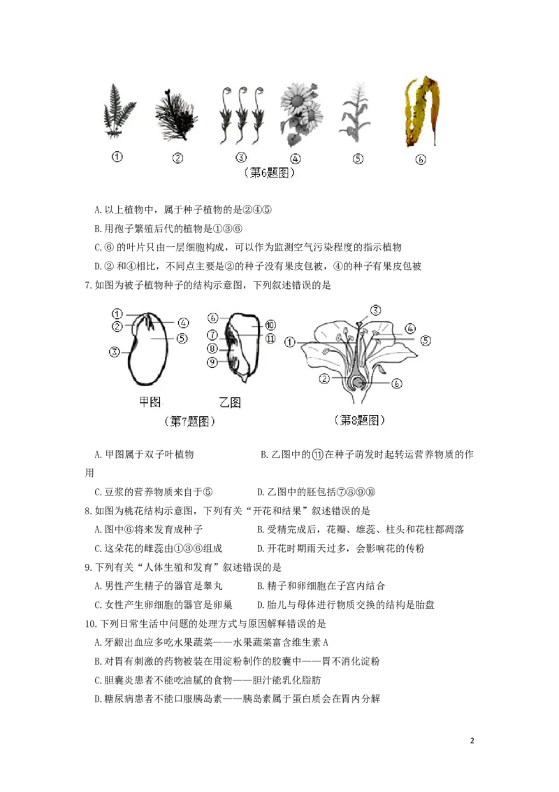 陕西省咸阳市2019年中考生物真题试题_中考真题_8.生物中考真题2015-2024年_2019年全国中考生物92份