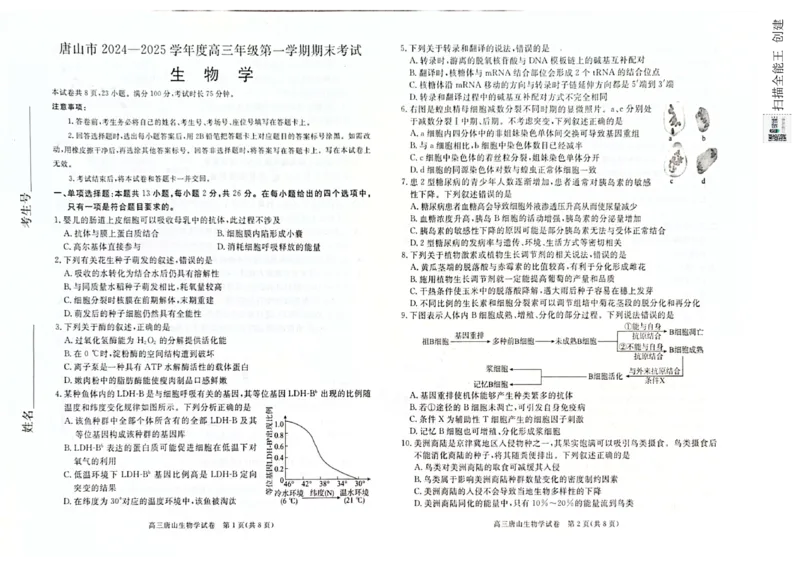 河北省唐山市2024-2025学年高三上学期1月期末生物试题_2025年1月_250110河北省唐山市2024-2025学年高三上学期1月期末考试（全科）_河北省唐山市2024-2025学年高三上学期1月期末生物试题