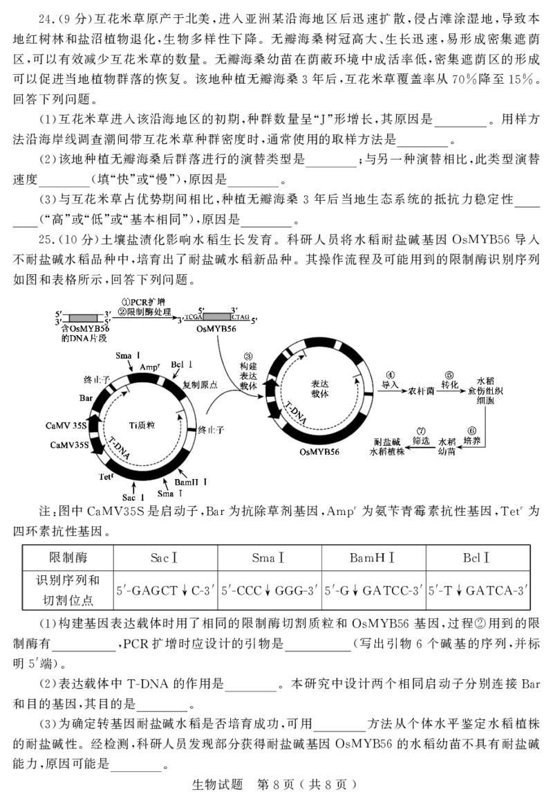 山东省济宁市2025年高考模拟考试生物_2025年5月_250525山东省济宁市2025年高考模拟考试（济宁三模）（全科）