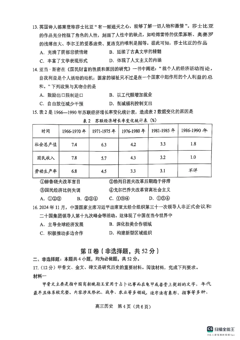 高三历史卷卡_2025年1月_250124辽宁省葫芦岛市2024-2025学年高三上学期期末试题（全科）_辽宁省葫芦岛市2024-2025学年高三上学期期末考试历史试卷