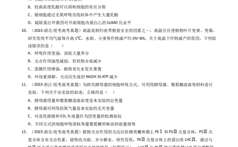 专题03细胞呼吸与光合作用（学生卷）_近10年高考真题汇编（必刷）_十年（2014-2024）高考生物真题分项汇编（全国通用）_2023年高考真题和模拟题生物分项汇编（全国通用）