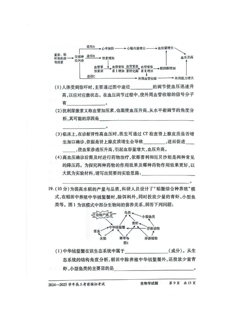 河南省2024-2025学年天一大联考高三考前模拟考试生物试卷+答案_2025年5月_2505232025届河南省天一大联考高三考前模拟预测（全科）