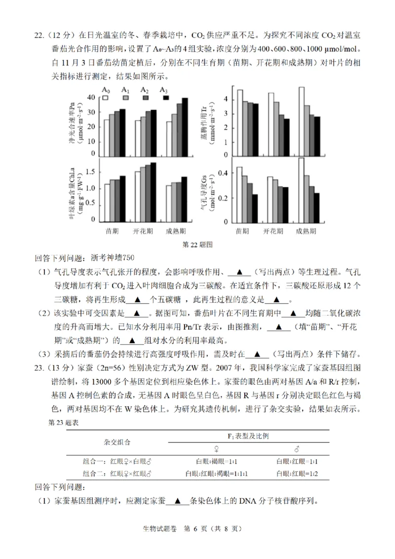 生物卷-2503温州高三二模_2025年3月_250323浙江省温州市2025届高三下学3月二模（全科）_浙江省温州市2025届高三下学3月二模试题生物