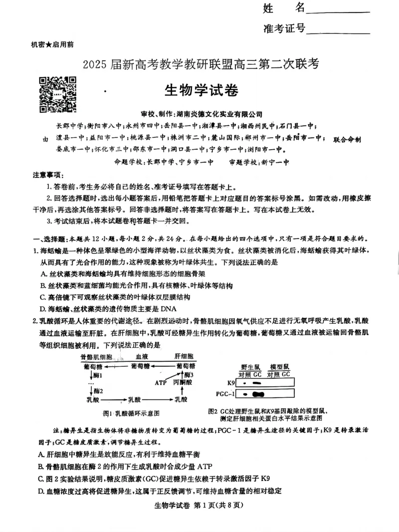 湖南新高考教学教研联盟暨长郡二十校联盟2025届高三年级第二次联考生物_2025年4月_250408湖南新高考教学教研联盟暨长郡二十校联盟2025届高三年级第二次联考（全科）
