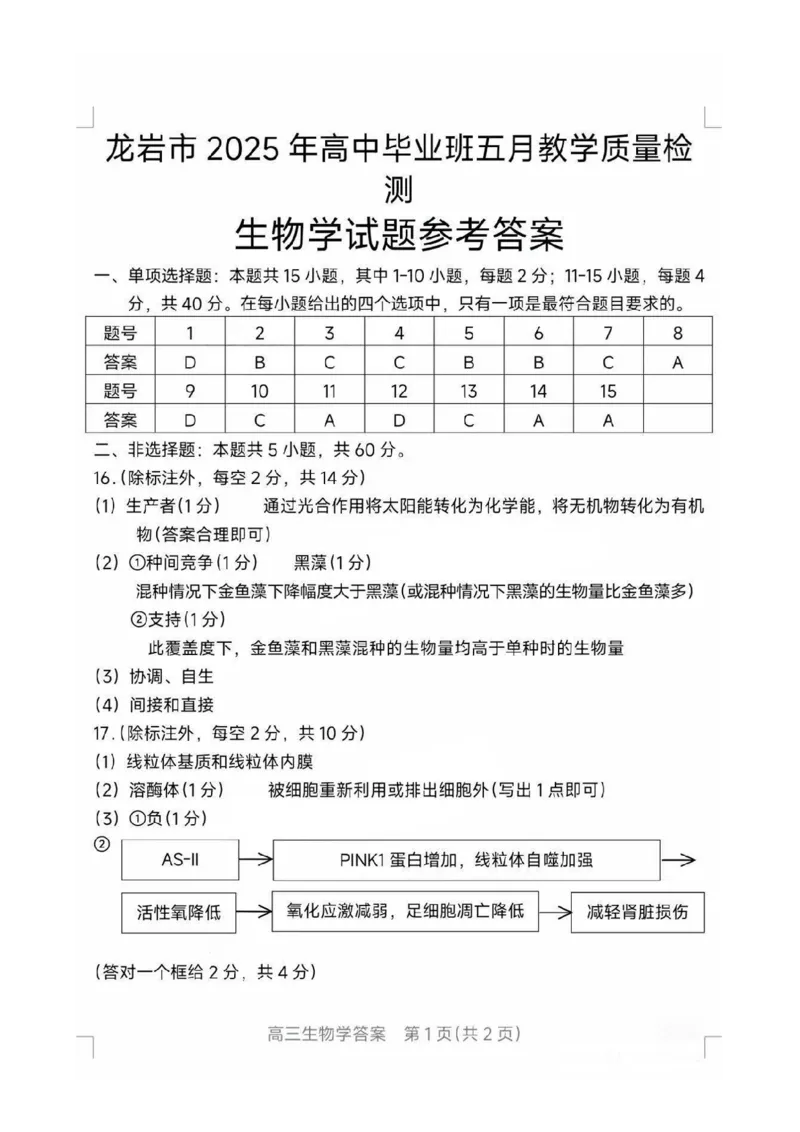 福建省龙岩市2025年高中毕业班五月教学质量检测生物答案_2025年5月_250510福建省龙岩市2025年高中毕业班五月教学质量检测（全科）
