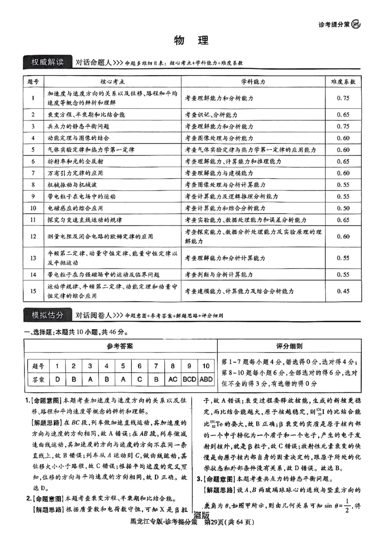 2024王后雄黑龙江专版&mdash;&mdash;物理答案_2024高考押题卷_22024王hou雄_（新高考）2024王后雄押题预测卷（分科版）_4.物理