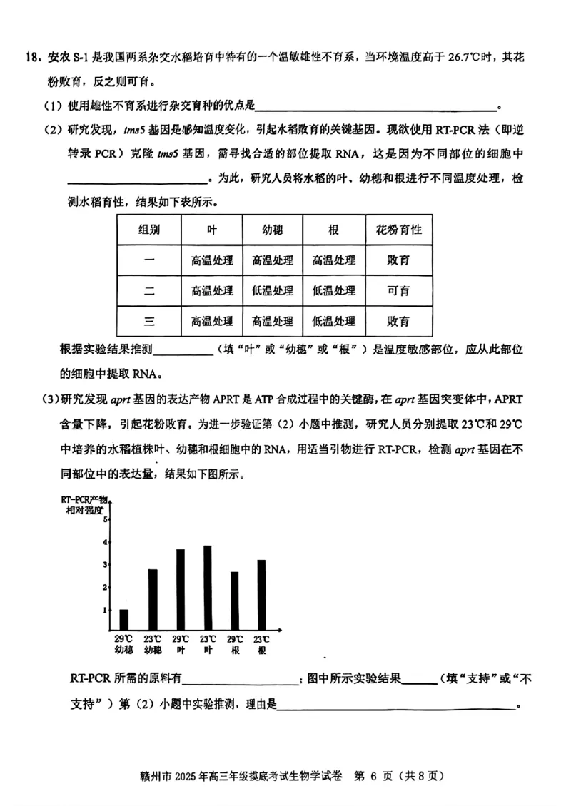 江西省赣州市2025年高三年级3月摸底考试生物_2025年3月_250311江西省赣州市2025届高三下学期3月一模考试（全科）_2025届江西省赣州市高三下学期一模生物