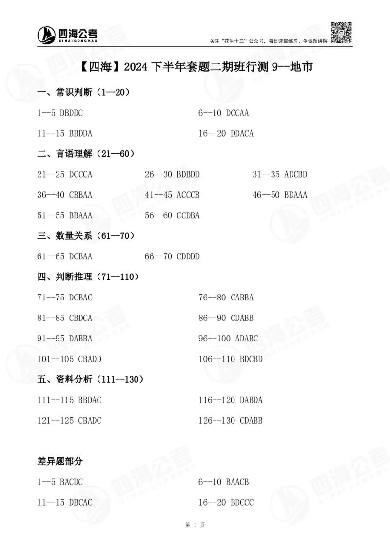 四海24下套题二期答案--行测9（地市）_2026考公资料_花生十三合集_套题班2025花生行测+飞扬申论套题⭐⭐_行测套题2025花生十三国考套卷班二期_答案+常识解析+复盘表