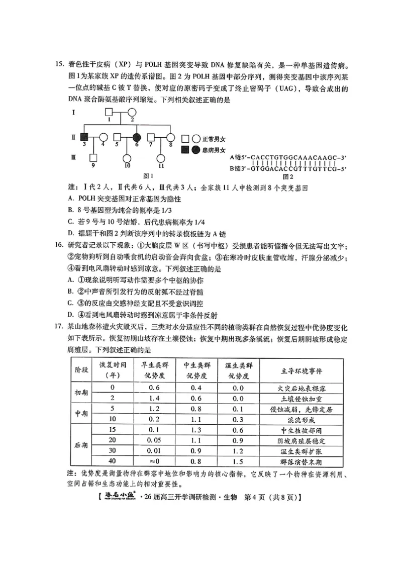 河北省琢名小渔名校联考2025-2026学年高三上学期开学调研检测生物试题（含答案）_2025年9月_250903河北省琢名小渔名校联考2025-2026学年高三上学期开学调研检测（全科）