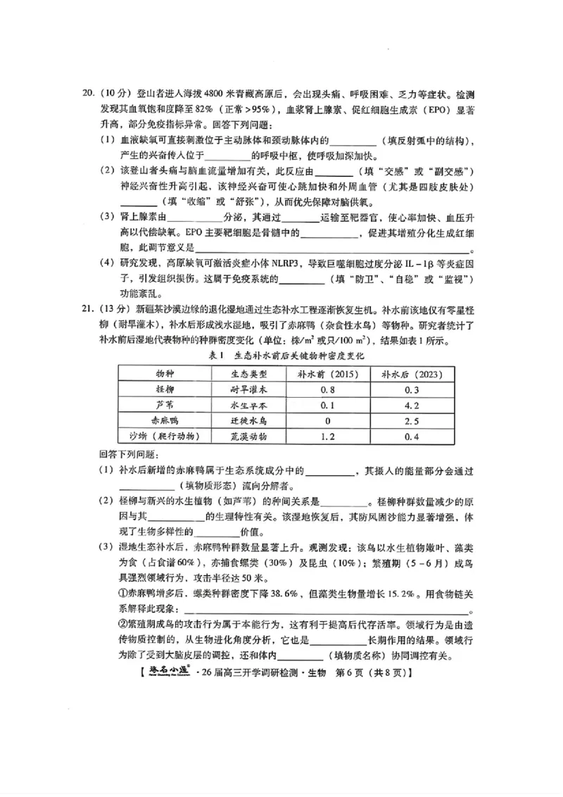 河北省琢名小渔名校联考2025-2026学年高三上学期开学调研检测生物试题（含答案）_2025年9月_250903河北省琢名小渔名校联考2025-2026学年高三上学期开学调研检测（全科）