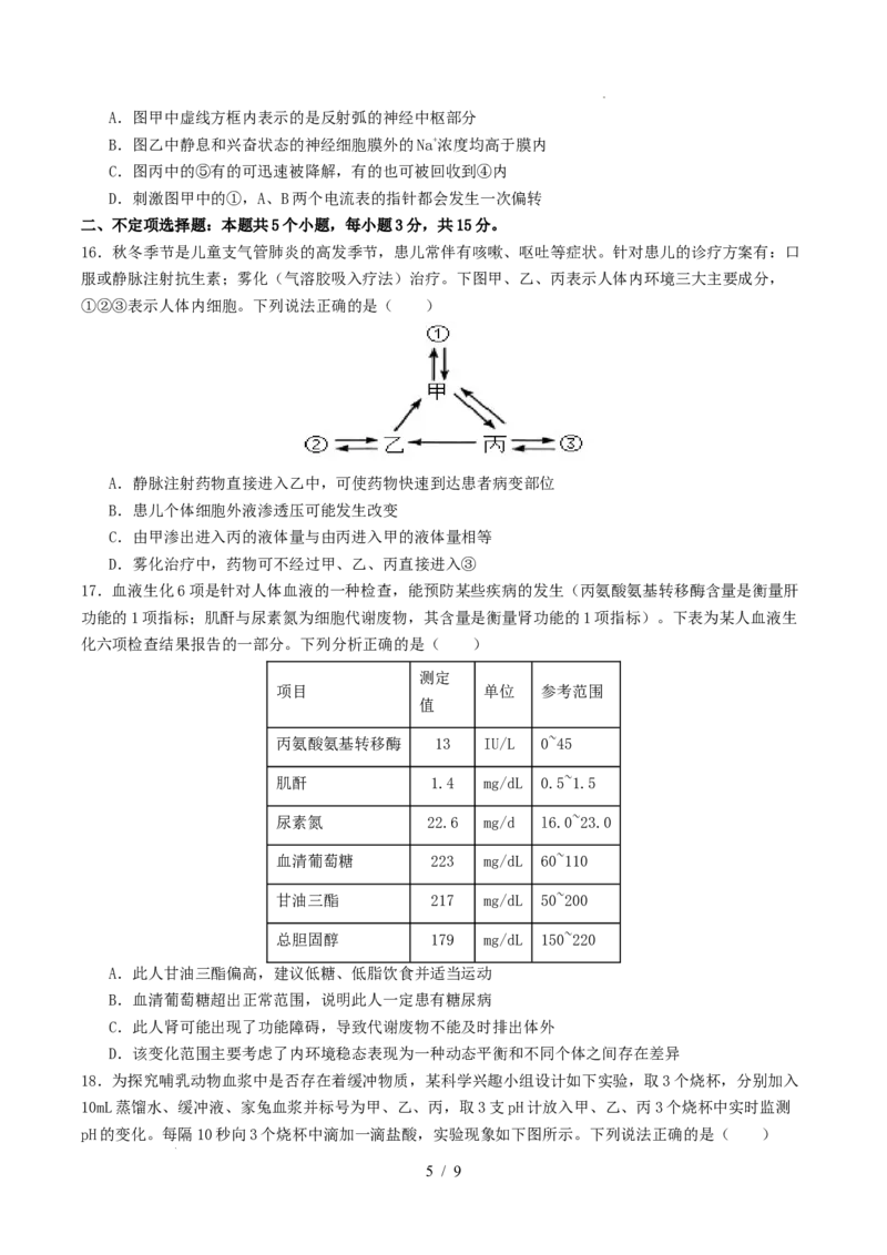 高二生物第一次月考卷测试范围：人教版2019选择性必修1第1章~第2章第3节（考试版）_1多考区联考试卷_2510142025-2026学年高二生物上学期第一次月考试题