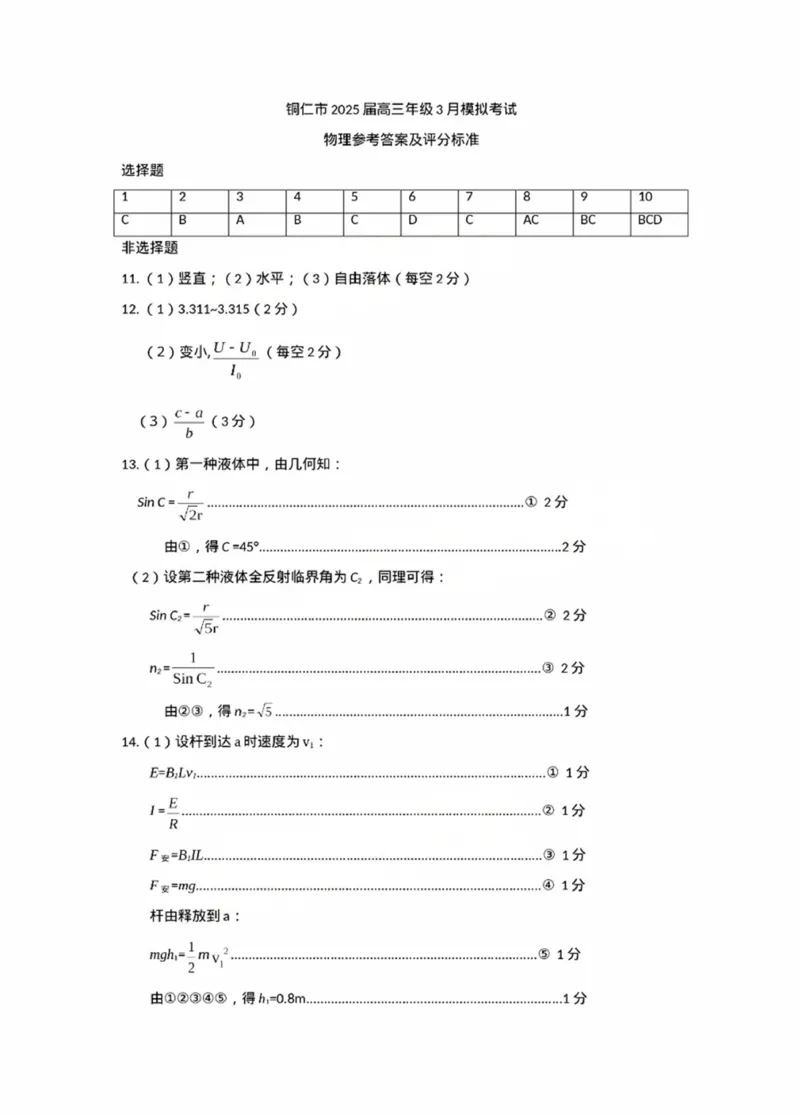 答案_2025年3月_250325贵州省铜仁市2025届高三下学期3月模拟考试_2025届贵州省铜仁市高三下学期3月模拟考试物理试题