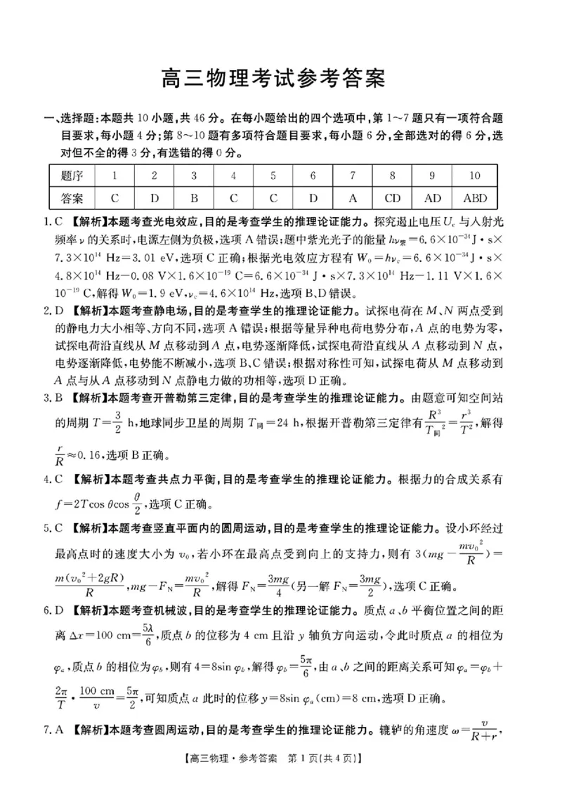 物理答案_2025年4月_250408全国优创名校金太阳联考暨山西江西河南辽宁金太阳高三4月联考_物理
