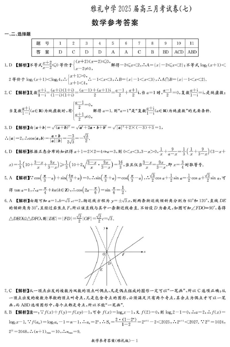 数学答案（雅礼7次）_2025年3月_250306湖南省长沙市雅礼中学2024-2025学年高三下学期月考卷（七）（全科）_湖南省长沙市雅礼中学2024-2025学年高三下学期月考卷（七）数学