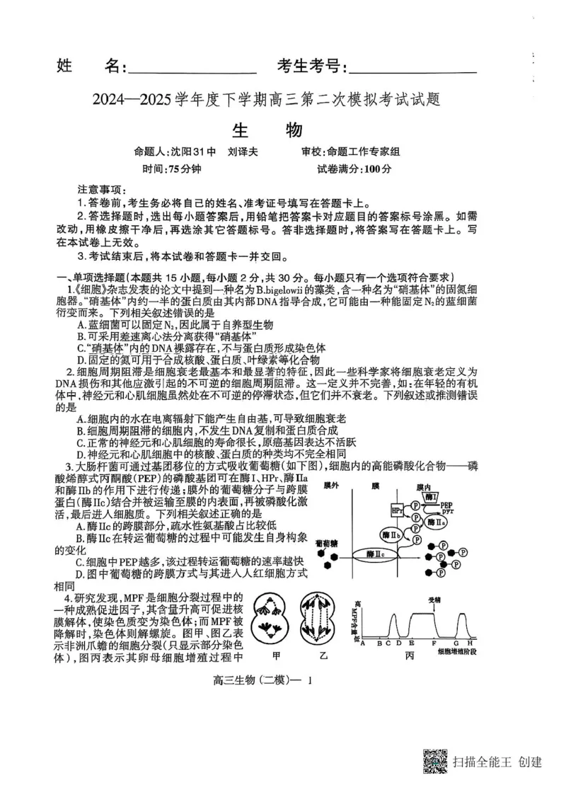 辽宁协作校2024-2025学年度高三第二次模拟考生物试题（含答案）_2025年4月_250424辽宁协作校2024-2025学年度高三第二次模拟考（全科）