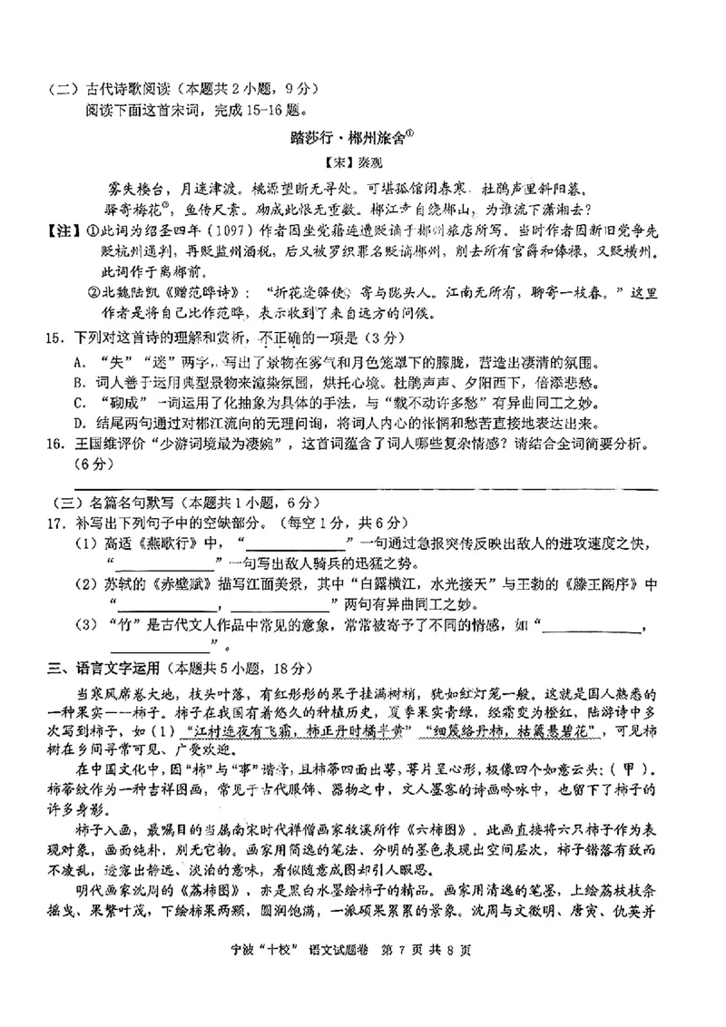 语文试卷_2025年3月_250314浙江省宁波市宁波&ldquo;十校&rdquo;2025届高三3月联考（全科）_浙江省宁波十校联考2024-2025学年高三下学期3月联考语文