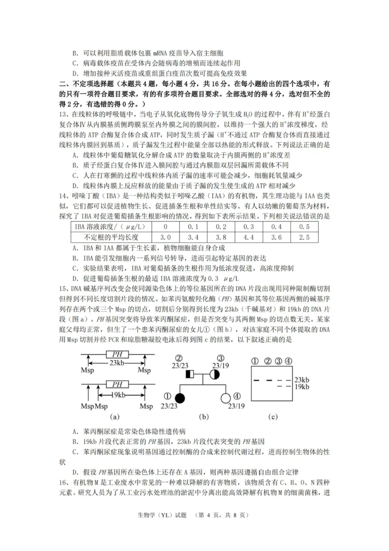 生物（YL）_2025年1月_250107湖南省长沙市雅礼中学2024-2025学年高三上学期1月综合自主测试（期末）_湖南省长沙市雅礼中学2024-2025学年高三上学期1月综合自主测试生物