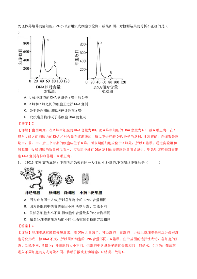 专题09细胞的分化、衰老、凋亡及癌变（解析卷）_近10年高考真题汇编（必刷）_十年（2014-2024）高考生物真题分项汇编（全国通用）_十年（2014-2023）高考生物真题分项汇编（全国通用）