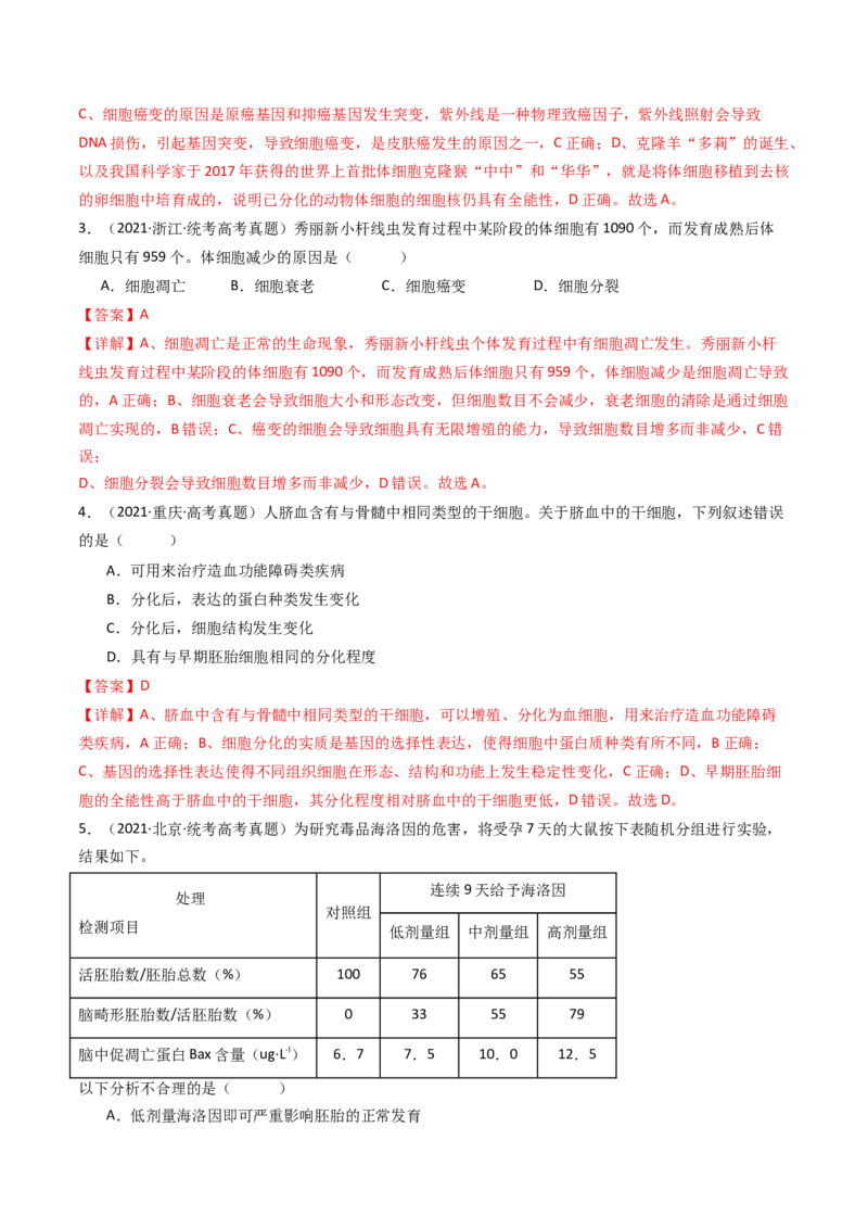 专题09细胞的分化、衰老、凋亡及癌变（解析卷）_近10年高考真题汇编（必刷）_十年（2014-2024）高考生物真题分项汇编（全国通用）_十年（2014-2023）高考生物真题分项汇编（全国通用）