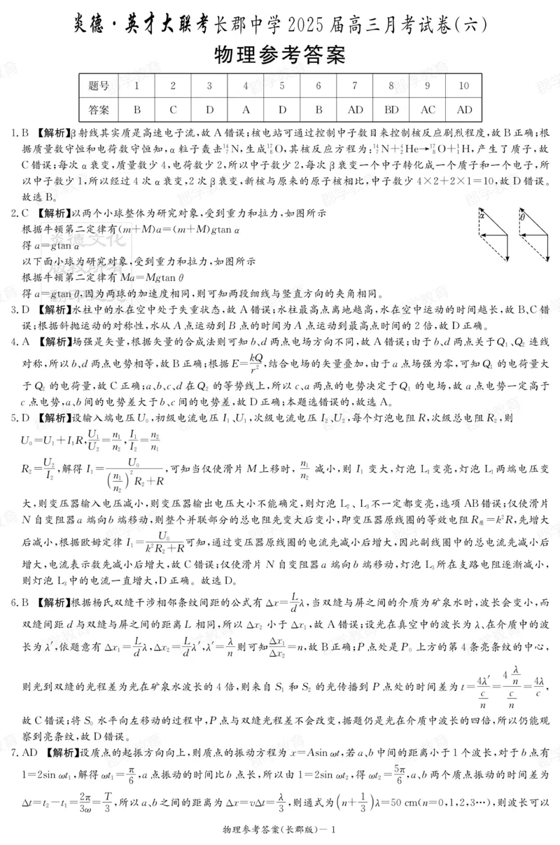 湖南省炎德&middot;英才大联考长郡中学2025届高三月考试卷（六）物理答案_2025年2月_250209湖南省炎德&middot;英才大联考长郡中学2025届高三月考试卷（六）（全科）