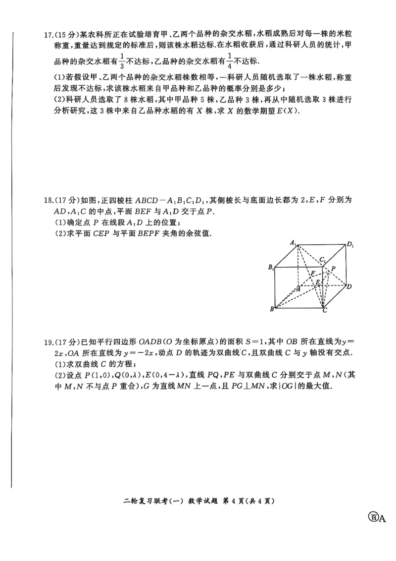 百师联盟2025届高三二轮复习联考（一）（百A）数学_2025年3月_250329百师联盟2025届高三二轮复习联考（一）（全科）_百师联盟2025届高三二轮复习联考（一）数学