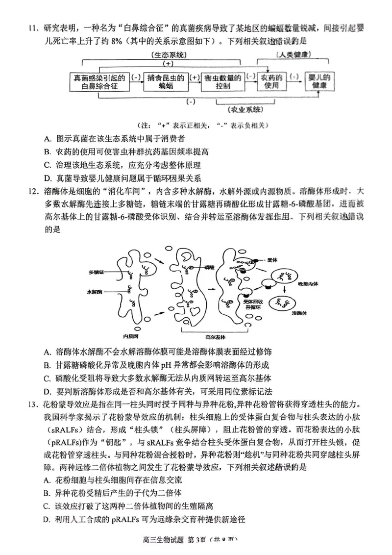 生物试卷_2025年1月_250118福建省泉州市2025届高中毕业班质量监测（二）（全科）_福建省泉州市2025届高中毕业班质量监测(二)生物
