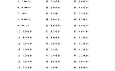 1位小数+1位小数第61~80篇_编码0121-6年级数学口算计算_口算题（适合4年级）_小数-加法（160篇）_（小数）1位小数+1位小数（100篇）