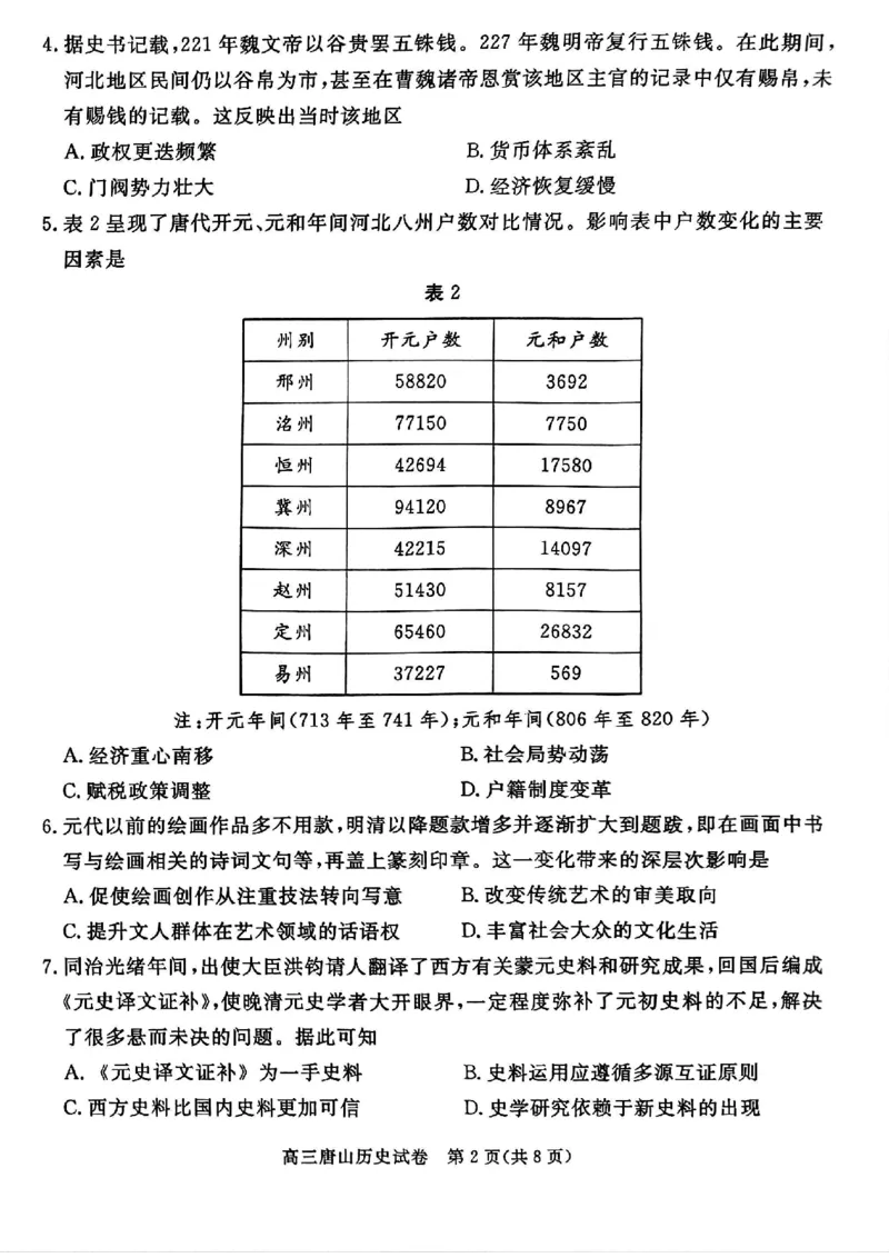 唐山市2025年普通高等院校招生第一次拟演练历史_2025年3月_250312河北省唐山市2025年普通高等院校招生第一次拟演练（唐山一模）（全科）